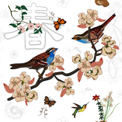 The vector image features two finches in cherry blossoms, surrounded by spring flowers, butterflies, hummingbirds. In the background the Chinese character means SPRING. Seamless repeat pattern.