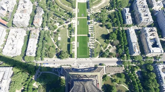 Amazing aerial POV from Eiffel Tower in Paris to Champs de Mars, Etoile militaire, Domes les Invalides, Montparnasse building