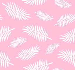 Vector seamless pattern of white hand drawn doodle sketch palm tree leaves isolated on pastel pink background 