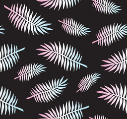 Vector seamless pattern of hand drawn doodle sketch holographic palm tree leaves isolated on black background 