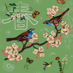 The vector image features two finches in cherry blossoms, surrounded by spring flowers, butterflies, hummingbirds. In the background the Chinese character means SPRING. Seamless repeat pattern.