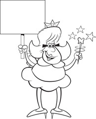 Black and white illustration of the tooth fairy holding a sign.