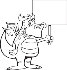 Black and white illustration of a winged dragon holding a sign.
