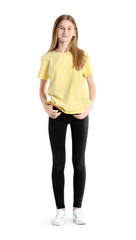 Portrait of cute teenage girl on white background