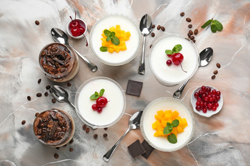 Delicious panna cotta on color background