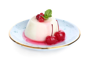 Plate with tasty panna cotta on white background