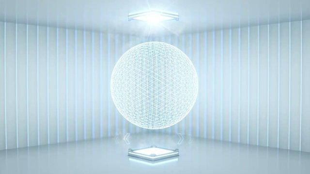 3D white environment of futuristic wall and hologram projector. Earth globe slow rotating. Lowpoly planet. Sci-fi motion background. Bright lightning. 4K loop