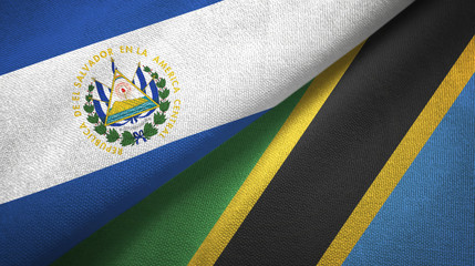 El Salvador and Tanzania two flags textile cloth, fabric texture