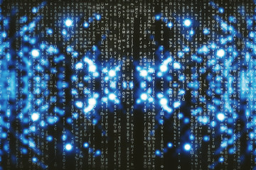 Blue matrix digital background. Abstract cyberspace concept. Characters fall down. Matrix from symbols stream. Virtual reality design. Complex algorithm data hacking. Cyan digital sparks.