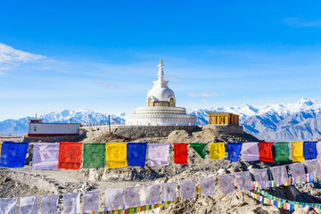 Shanti Stupa on a hilltop in Changpa, Leh district, Ladakh Region, Jammu and Kashmir State, northern India - obrazy, fototapety, plakaty