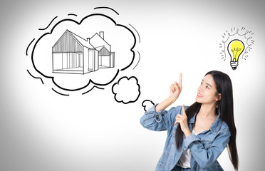 Young  asian business  woman thinking isolated on white background.Dreaming about new house. Thoughtful young woman looking at the sketch on the wall while