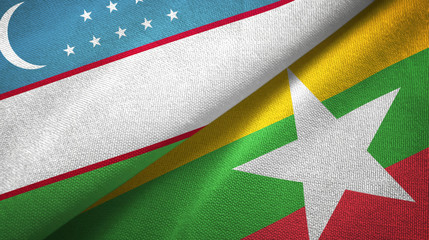 Uzbekistan and Myanmar two flags textile cloth, fabric texture