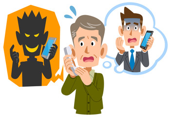 電話を使った詐欺に騙されるシニアの男性
