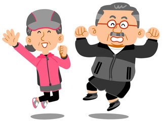 ジャンプする年配の男女