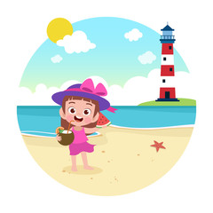 kid girl playing on the beach vector illustration