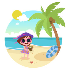 Obraz na płótnie Canvas kid girl playing on the beach vector illustration