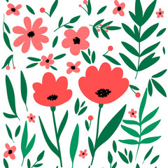 Trendy flowers and leaves seamless pattern for your design. Sketch for wrapping paper, floral textile, background fill, fabric. .
