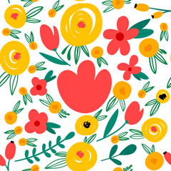 Trendy flowers and leaves seamless pattern for your design. Sketch for wrapping paper, floral textile, background fill, fabric. .