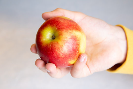 Red Yellow Apple in hand  white background