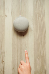 Instruct the AI speaker on the table.  テーブルのAIスピーカーに指示する