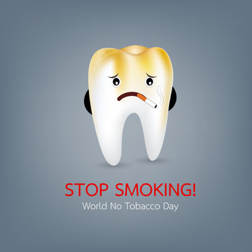 Cartoon tooth character smoking. Smoking effect on tooth. Problem from cigarette. Dental care concept. Stop smoking, World No Tobacco Day. Illustration.
