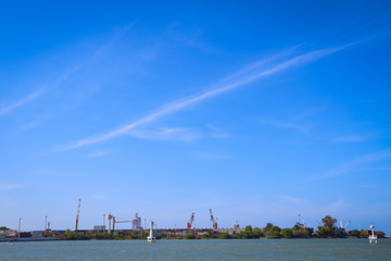 Fototapeta premium Container in the port, Logistics and transportation of containers, View on seaport with cranes at day 