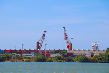 Obraz premium Container in the port, Logistics and transportation of containers, View on seaport with cranes at day 