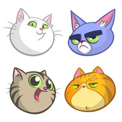 Cartoon Illustration of funny Cats ot Kittens Heads Collection Set. Vector pack of colorful cats icons. Cartoon cranky, Maine Coon, siamese, british and domestic