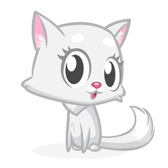 Pretty white cat cartoon with fluffy tail. Vector illustration