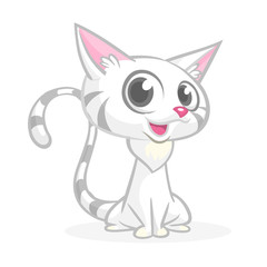 Pretty white cat cartoon with fluffy tail. Vector illustration