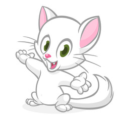 Pretty and cute white cat cartoon with fluffy tail waving. Vector illustration