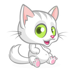 Pretty and cute white cat cartoon with fluffy tail. Vector illustration