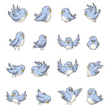 Collection of cut cartoon birds. Hand drawn vector illustration.