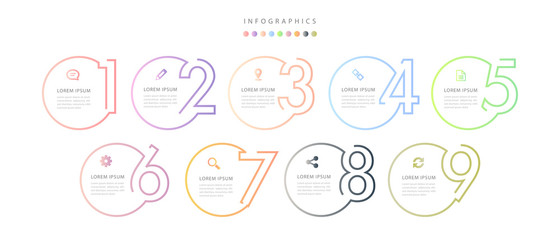 Vector infographic design UI template colorful gradient 9 number labels and icons - 263821207