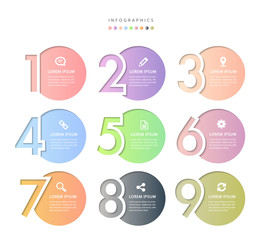Vector infographic design UI template colorful gradient 9 relief number labels and icons