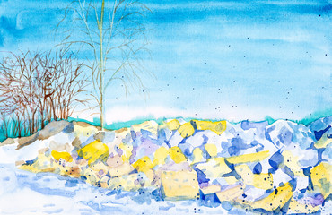 Snow melts on the rocks in the spring among the trees and the forest in the background. Watercolor illustration isolated on white background