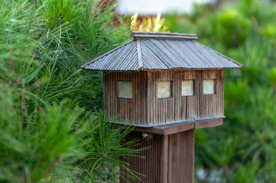 Korean wooden lamp in garden of old house in an ancient village in Jeonju, South Korea