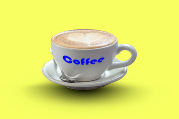 Hot coffee Espresso topped with a heart-shaped milk in white glass on a yellow background with clipping path.