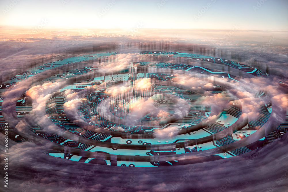 Poster cloud computing conceptual collage with concentric motherboard circles above the clouds.
