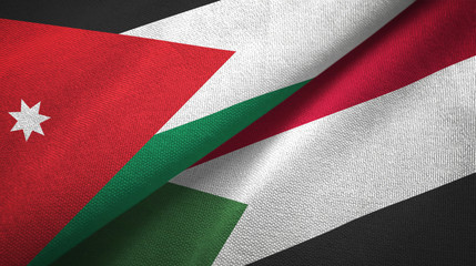 Fototapeta na wymiar Jordan and Sudan two flags textile cloth, fabric texture