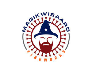 magic wizard head with beard and star hat in fireworks emblem logo with text and full of stick rotation