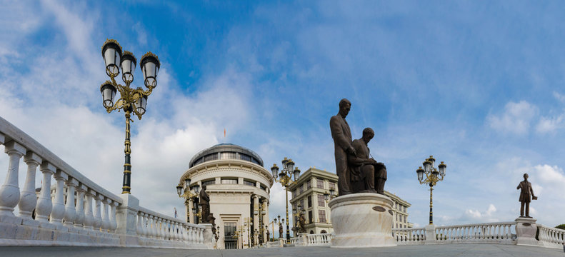 Panoramic view of Art bridge in front of Ministry of Finnance in Skopje, Macedonia, low angle view