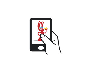 cell phone touch apps icon for fork character smiling and holding a plate with food beverages company