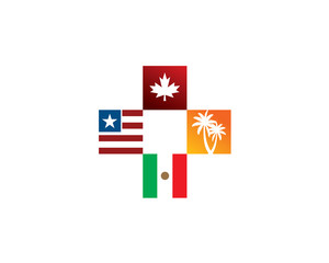 usa canada mexico country flag in a cross plus sign with palm trees