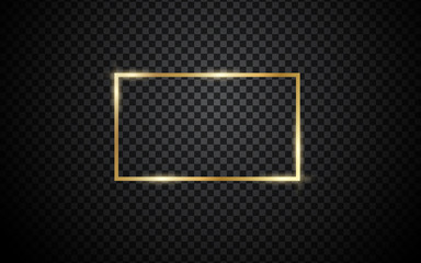 Gold shiny glowing vintage frame with shadows isolated on transparent background. Golden luxury realistic rectangle border. Vector illustration - Vector