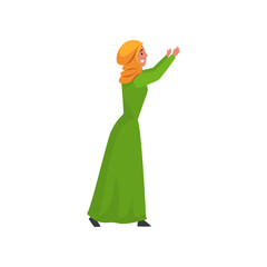 Beautiful Muslim Woman in Green Dress and Hijab, Arab Girl in Traditional Clothes Standing with Her Arms Raised Vector Illustration