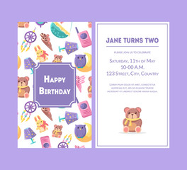 Happy Birthday Greeting Card, Violet Party Invitation Template for Baby Girl Birthday Celebration Vector Illustration