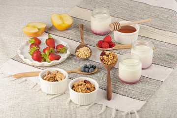 Series about granola, berry and greek yogurt suitable for a healthy breakfast, snack or dessert.