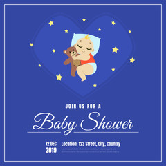 Fototapeta na wymiar Baby Shower Invitation Template, Card with Cute Sleeping Baby and Place For Your Text Vector Illustration