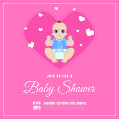 Baby Shower Invitation Template, Pink Card with Cute Baby in Diaper and Place For Your Text Vector Illustration